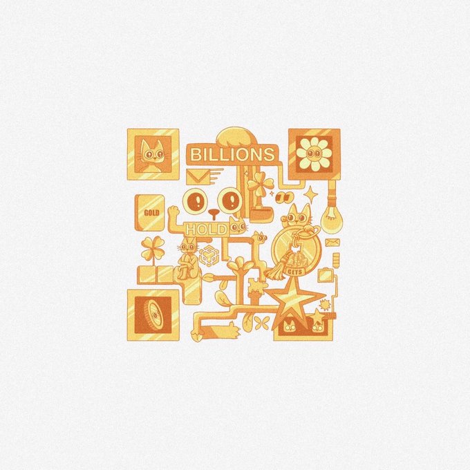 A square illustration in orange and yellow tones featuring interconnected icons including cats, flowers, dice, and text reading 'BILLIONS', 'GOLD', and 'HOLD'.