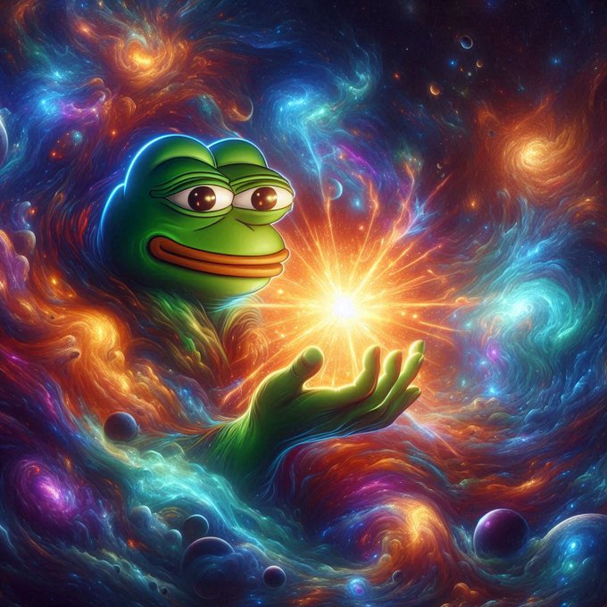 A digital artwork features the Pepe the Frog meme character emerging from a vibrant, swirling cosmic nebula, holding a glowing star of light in his green hands.