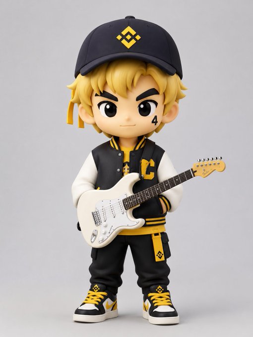 The image features a small figurine of a boy holding an electric guitar, dressed in black and yellow clothing with a white jacket and matching shoes. The figurine also has a baseball cap on its head. The caption below the image reads "I'M joining in too! The Binance youngster strumming a Fender electric guitar!". This suggests that the image is related to a social media post or a conversation about the electric guitar, possibly featuring the Binance cryptocurrency symbol (#binance).