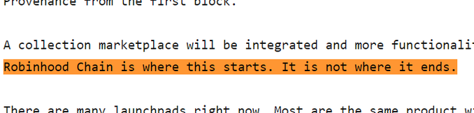 The image shows a highlighted text excerpt reading "Robinhood Chain is where this starts. It is not where it ends," which appears to be a quote from a founder confirming broader plans beyond the Robinhood Chain launchpad—a point the poster is noting aligns with their earlier breakdown of the uTokenPro project.