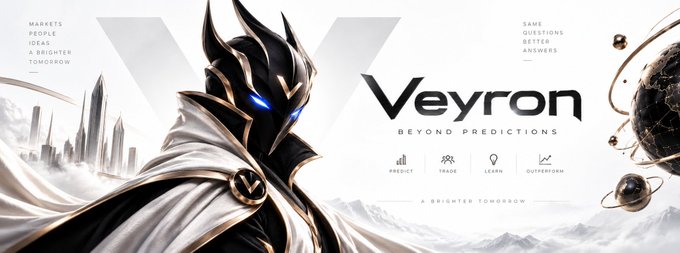 Promotional banner for 'Veyron' with the tagline 'Beyond Predictions,' featuring a futuristic armored figure with glowing blue eyes, with text 'Markets, People, Ideas, A Brighter Tomorrow' and 'Same Questions, Better Answers,' plus icons for Predict, Trade, Learn, and Outperform.