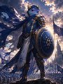 The image features a blue-haired figure standing atop a cliff with a shield in hand, wearing a blue outfit that matches their hair color. The background of the image shows a sky filled with clouds, creating an atmospheric setting for the scene. The caption below the image reads "Introduce @snek $SNEK: Guardian of the Kingdom, a warrior crowned with endless glory, resolute, courageous and born to lead." This description connects the character in the image to the post about the character named @snek.