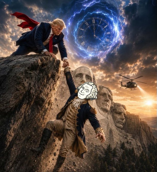 A modern politician in a red tie pulls a Revolutionary War-era figure (face obscured by a meme) up from a cliff at Mount Rushmore, beneath a glowing clock showing 11:00, while a military helicopter flies toward a portal in the sky. The "tiny gargoyles" caption likely jokingly refers to the small, overlooked figures in the chaotic, surreal scene, such as the pilot or distant details, blending political and time-travel satire.