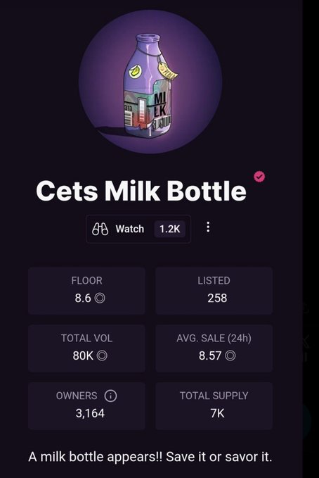 A screenshot of an NFT marketplace displays a 'Cets Milk Bottle' with stats including a Floor of 8.6, Total Volume of 80K, 3,164 Owners, and Total Supply of 7K.