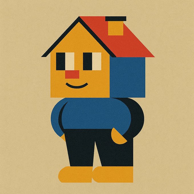 urn with a red roof and blue walls, accompanied by a yellow face and arms, standing on a beige background.