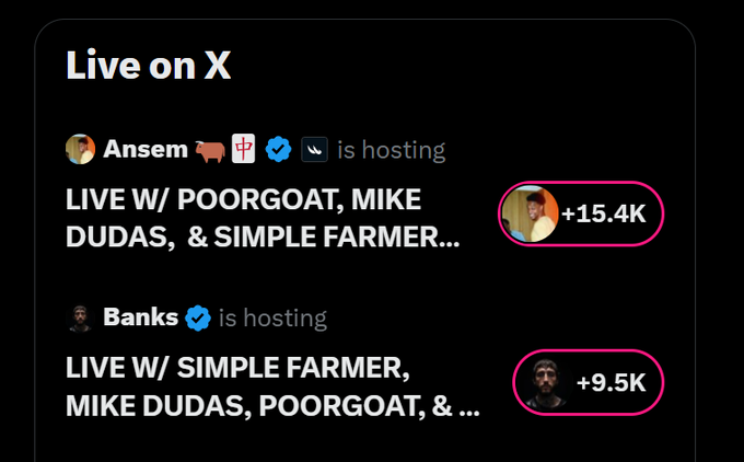 A 'Live on X' screenshot showing Ansem and Banks hosting live spaces with POORGOAT, MIKE DUDAS, and SIMPLE FARMER, displaying listener counts of +15.4K and +9.5K.