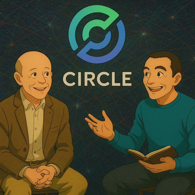 A cartoon illustration of two men sitting and conversing, with one holding an open book, positioned below the Circle logo.