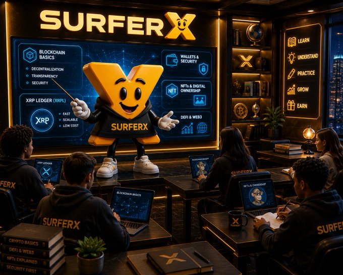 A classroom scene featuring a cartoon 'SURFERX' character teaching blockchain basics, XRP ledger, wallets, security, NFTs, and DeFi & Web3 to students wearing SURFERX hoodies.