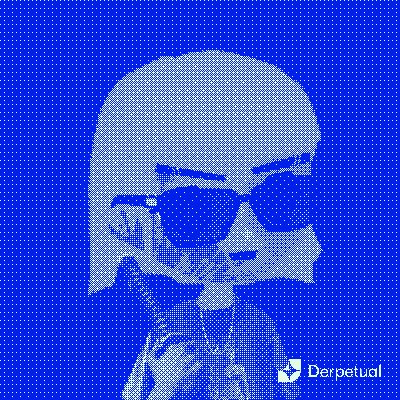 A blue-toned pop art/holographic style image featuring a bald figure wearing sunglasses and a suit, with a 'M' letter near the face and 'Derpetual' branding in the bottom right corner.