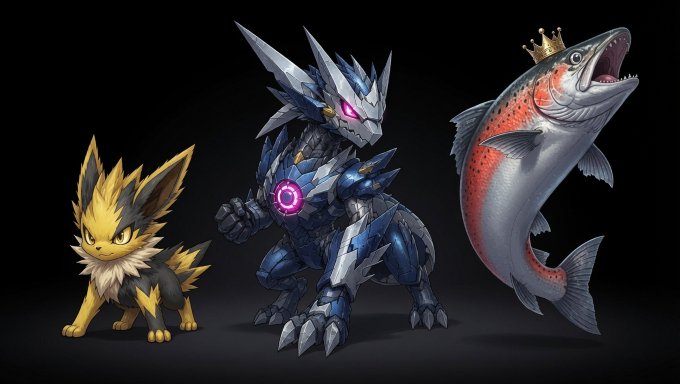 The image presents three fantastical elements: on the left is a fox-like creature, resembling a Pokémon, on the right is a blue amusement park dragon, while the center has a salmon with a gold crown.

The names and data points in the image are without names or any significant numerical data.

Note that the picture does not contain any tickers or names directly connected with cryptocurrency, but the general post explains a funny quote from Vitalik Buterin concerning salmon. It would be ironic and amusing because the post above says V buterin referred to Salmon as salt-water monsters; the caption here is a funny take on what salmon (a fish) appears more like a monster than any other.