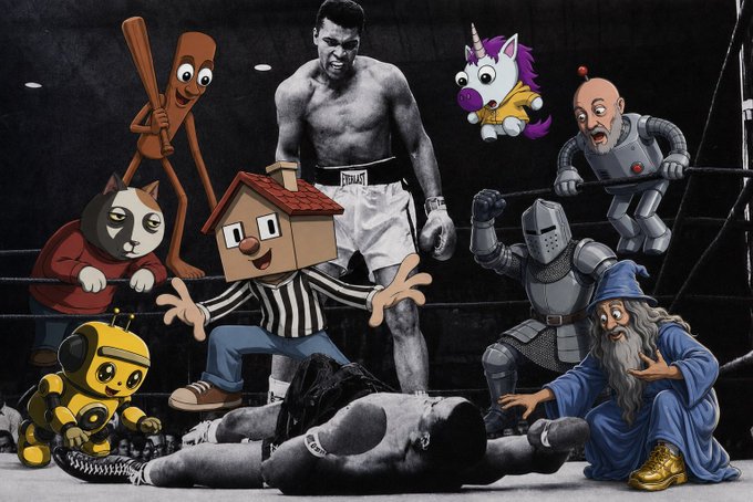 A dramatic black-and-white photo of a victorious boxer standing over a fallen opponent is humorously populated with eclectic cartoon and pop-culture characters—including a baseball bat creature, Shy Guy, a unicorn, a wizard, and a robot—evoking the chaotic, anything-goes energy of a bustling news week. The Everlast-branded waistband anchors the surreal scene to a real-life sports moment.