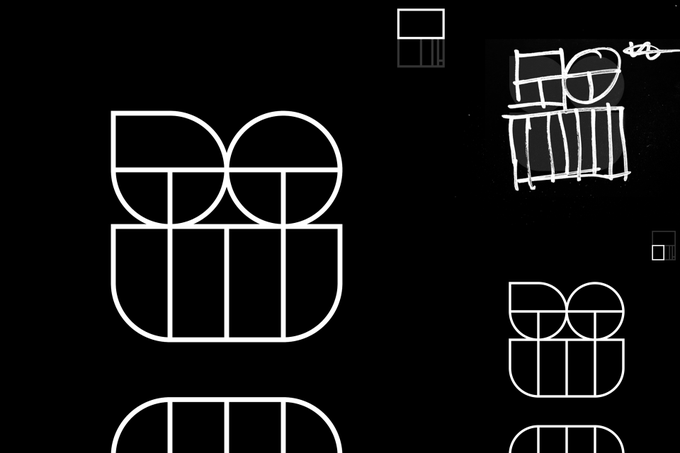 A black background with white geometric/typographic design elements, including a small hand-drawn style sketch of a character with a Bitcoin symbol in the upper right.