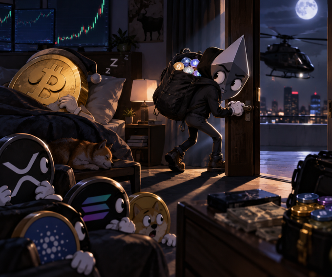A cartoon Ethereum mascot sneaks out the door at night with a backpack full of gold, while a sleeping Bitcoin dreams of rising charts as a getaway helicopter waits on the rooftop. The scene playfully depicts the Korean caption's teasing question about where Ethereum is sneaking off to.