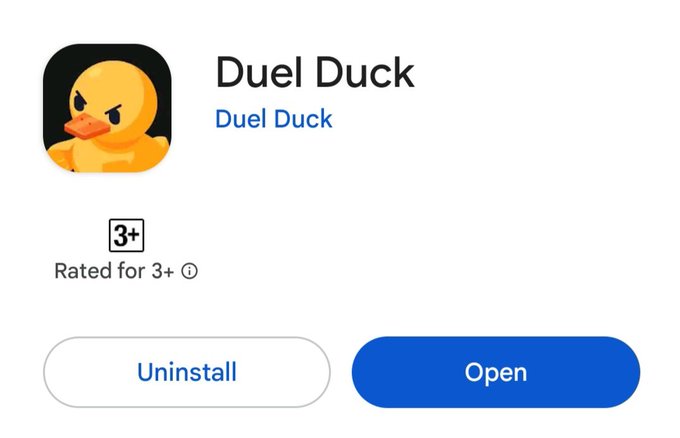 The image shows the Google Play Store listing for the "Duel Duck" app, featuring an angry duck icon, a "Rated for 3+" age rating, and "Uninstall" and "Open" buttons indicating the app is already installed. This visually supports the post's call to action to download the Duel Duck app from the Play Store to find hidden ducks and earn rewards.
