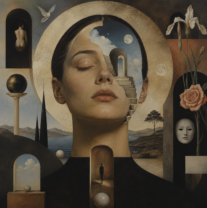 A surreal digital artwork featuring a woman's face with closed eyes, surrounded by symbolic imagery including stairs, moons, a dove, a rose, an iris flower, and a small figure in an archway, all framed by a large golden halo.