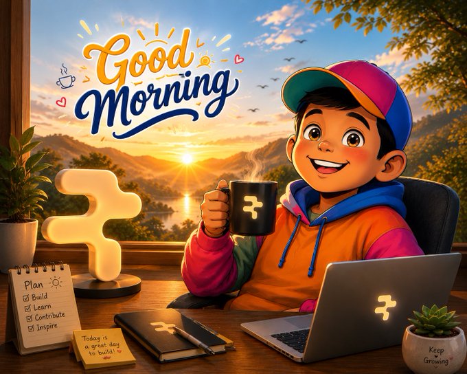 A cartoon-style illustration with the text 'Good Morning' showing a cheerful young boy in a cap holding a coffee mug at a desk with a laptop, notebook, and a 'Plan' checklist.
