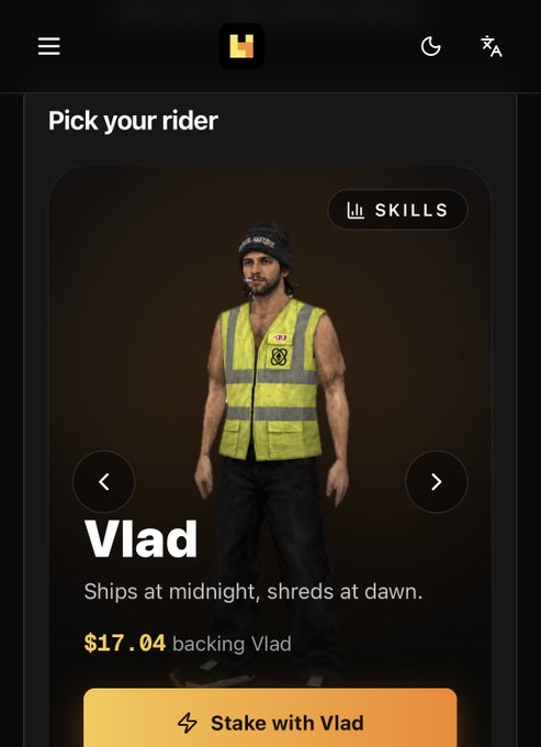 A mobile app screen titled 'Pick your rider' featuring a character named 'Vlad' in a safety vest and beanie, with the tagline 'Ships at midnight, shreds at dawn' and $17.04 backing.