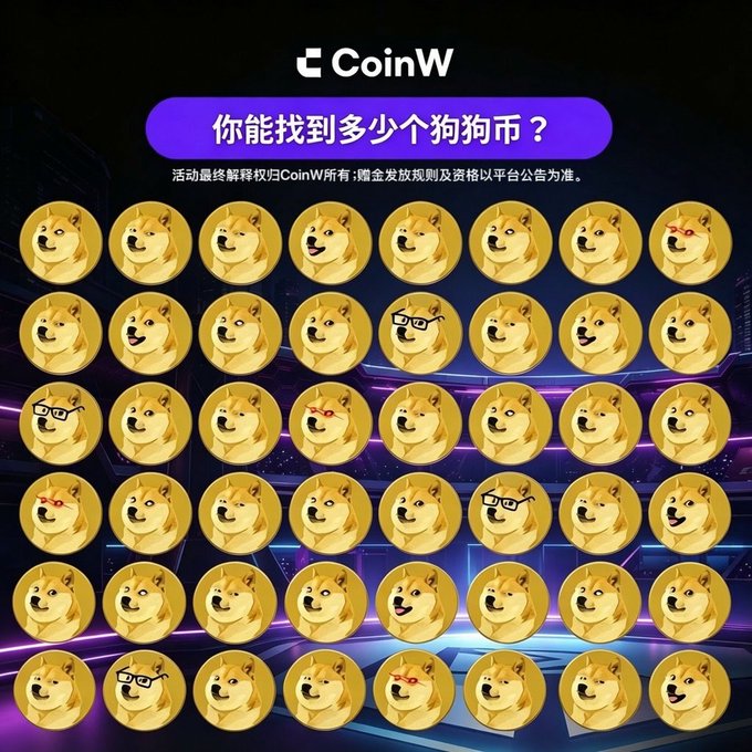 A promotional image for "CoinW" asks "你能找到多少个狗狗币？" (How many Dogecoins can you find?) above a grid of Doge coins, some of which wear glasses or sunglasses.