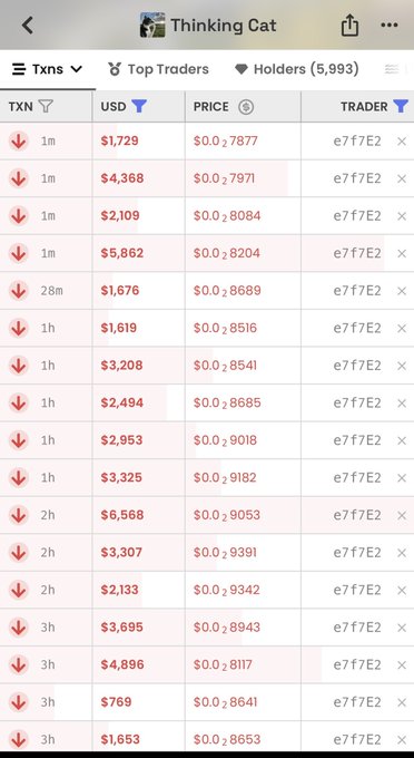 The image shows a transaction history for the meme token "Thinking Cat," displaying multiple recent sell orders (marked with downward arrows) ranging from $769 to $6,568 at prices between $0.07877 and $0.09482, all executed by the same wallet address "e7f7E2." This visual supports the post's commentary about "whales capitulating" $hmm, illustrating the consistent selling pressure from a single large holder driving the token's price down.