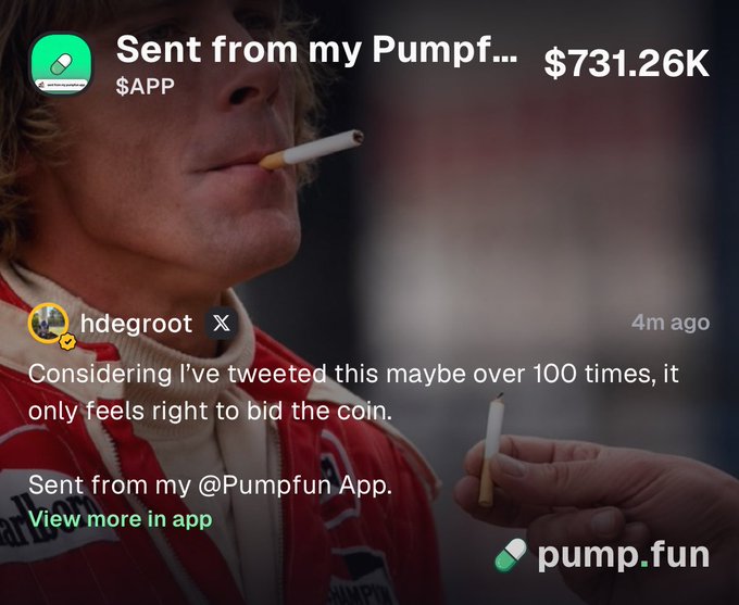 A social media post from 'hdegroot' showing a $731.26K transaction on Pump.fun, overlaid on an image of a man smoking a cigarette.