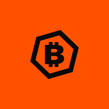 An orange square background with a black Bitcoin logo (₿) inside a hexagonal outline.