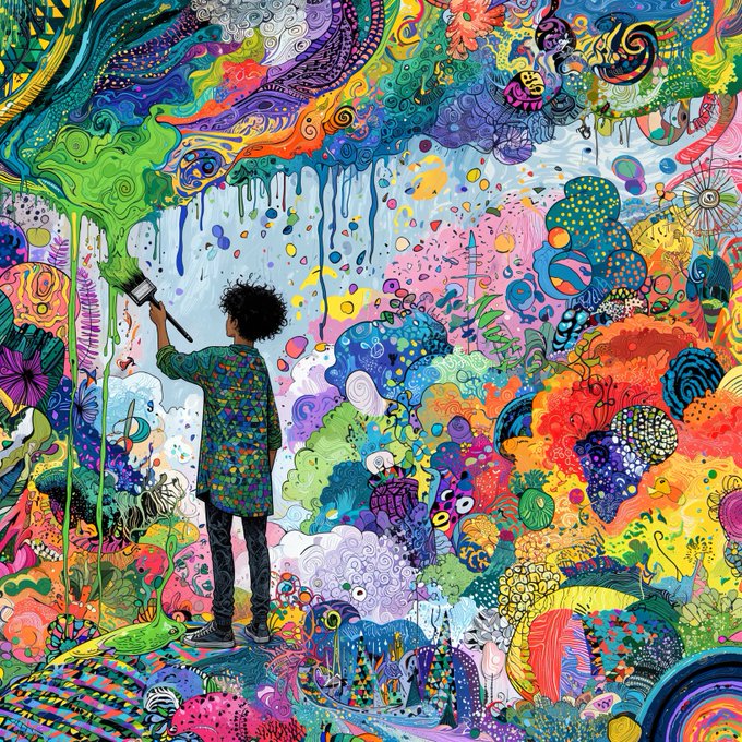 A person with curly hair stands before a massive, vibrantly colorful wall, using a paint roller to add swirling, dripping patterns to the psychedelic artwork.