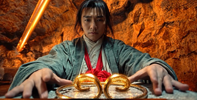 A person in traditional East Asian warrior attire with a glowing orange sword hovers their hands over two gold 'Hyperliquid' tokens resting on a tray.