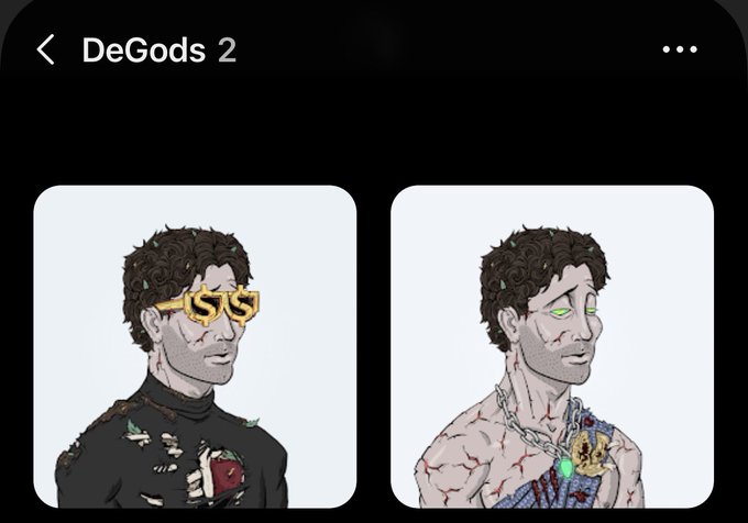 The image shows two drawings of a man wearing glasses, one with a black shirt and another with a white shirt. Both drawings have a skull design around their necks, adding an eerie atmosphere to each scene. The posts also include text that reads "DeGods 2" and "@DeGodsNFT".