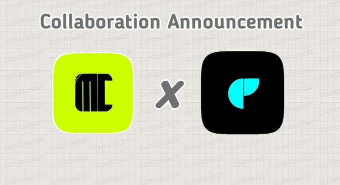 A 'Collaboration Announcement' graphic featuring a green logo with 'MC' in black next to a black logo with a cyan leaf-like symbol, separated by a multiplication sign, against a 'CLOUDQUEST' watermarked background.