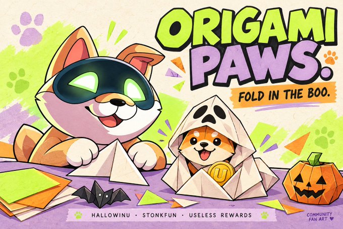 Colorful Halloween-themed promotional illustration featuring two cartoon cats with origami creations, including one dressed as a ghost, with the text 'ORIGAMI PAWS: FOLD IN THE BOO.' and 'HALLOWINU · STONKFUN · USELESS REWARDS' and 'COMMUNITY FAN ART'.
