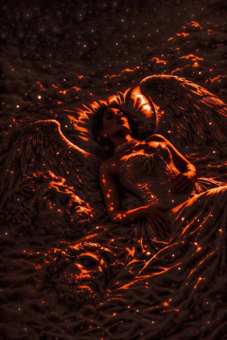 Digital artwork depicting a woman embraced by a winged figure in an ethereal, starry environment with glowing embers.