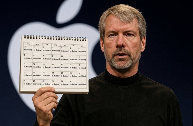 The image shows a bearded man in a black turtleneck holding up a calendar with every date labeled "ex-dividend," set against a backdrop featuring the Apple logo—evoking a Steve Jobs-style product reveal. The visual parallels Apple's iconic 2007 iPhone keynote to suggest that $MSTR's recent move into daily dividends is a similarly transformative, history-making moment for the company.