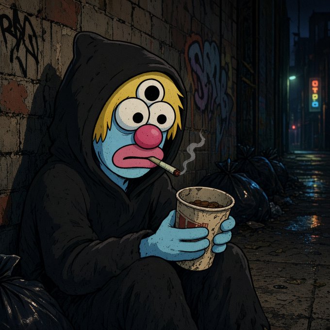 A dark, gritty illustration of a hooded blue cartoon character with three eyes, smoking a cigarette while holding a cup in a graffiti-covered alleyway.