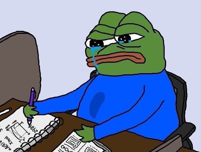 A Sad Pepe meme depicting a green frog character crying while sitting at a desk writing in a notebook with a pen, with papers scattered around.