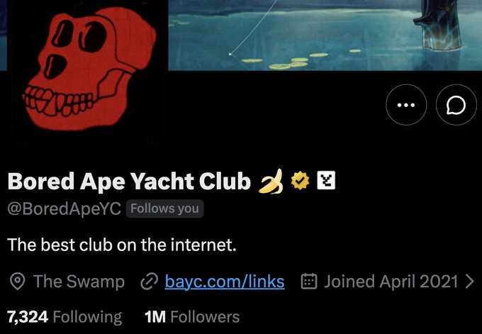A screenshot of the Bored Ape Yacht Club (@BoredApeYC) Twitter profile displaying their red ape logo, the tagline "The best club on the internet," and showing they have reached 1M Followers since joining in April 2021.