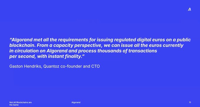 A blue presentation slide featuring a quote from "Gaston Hendriks, Quantoz co-founder and CTO" about Algorand meeting requirements for issuing regulated digital euros on a public blockchain, marked as slide 11.