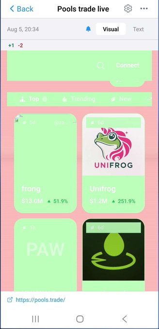 A mobile screenshot of the "Pools trade live" interface displaying cryptocurrency token cards including "frong" at $13.0M (51.9%) and "Unifrog" at $1.2M (251.9%), but no mention of "Unipeg" is visible in the image.