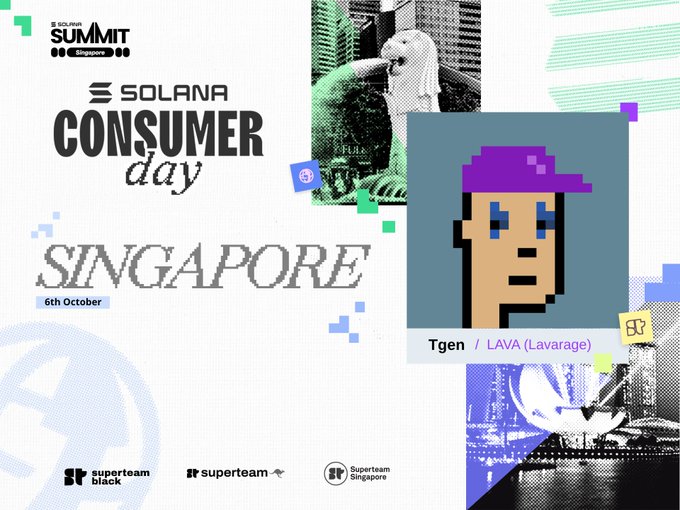 Promotional graphic for Solana Consumer Day at Solana Summit Singapore on 6th October, featuring a pixel art CryptoPunk with the label 'Tgen / LAVA (Lavarage)' and logos for Superteam Black, Superteam, and Superteam Singapore.