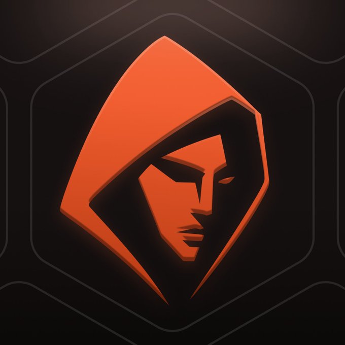 A stylized, glowing red hooded figure logo is displayed against a dark background with subtle geometric patterns.