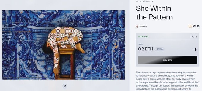The image features a blue and white tile pattern with a person sitting on top of a wooden chair, which is positioned against this background. The text "She Within the Pattern" can be seen at the bottom left corner of the image, while the title "She Within the Pattern" is located in the upper right corner. Additionally, there are two other images present: one with a person sitting on a chair and another featuring a blue and white tile pattern.