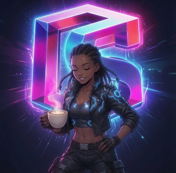 A digital illustration of a woman with braided hair holding a steaming cup of coffee, wearing a futuristic blue and black outfit with glowing elements, standing in front of a neon pink and blue hexagonal logo.