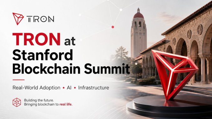 Promotional banner for 'TRON at Stanford Blockchain Summit' featuring a red TRX logo sculpture in front of Stanford University architecture, with the tagline 'Real-World Adoption • AI • Infrastructure' and 'Building the future. Bringing blockchain to real life.'