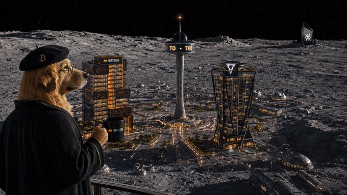 Digital artwork depicting a dog in a beret and jacket observing a futuristic lunar colony with Bitfinex-branded buildings and a 'TO THE MOON' tower.