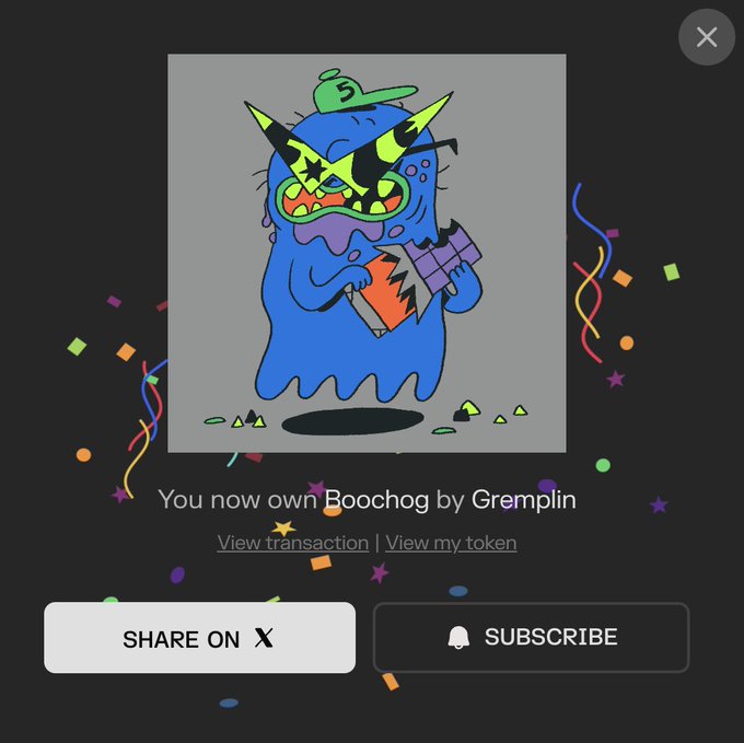 A digital interface showing a confirmation message "You now own Boochog by Gremplin" alongside a drawing of a blue monster wearing star-shaped sunglasses, with options to "SHARE ON X" and "SUBSCRIBE".