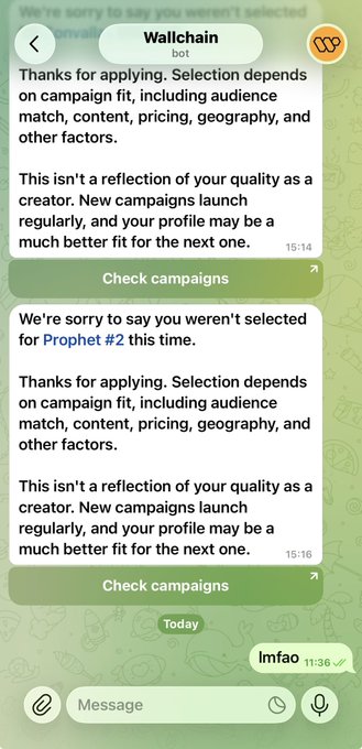 A screenshot of a chat conversation from a 'Wallchain bot' notifying a user that they were not selected for the 'Prophet #2' campaign, followed by a user reply saying 'lmfao'.