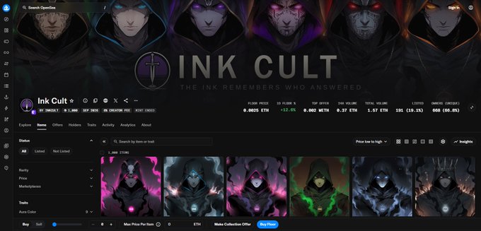 A screenshot of an NFT marketplace showing the 'INK CULT' collection, with the tagline 'THE INK REMEMBERS WHO ANSWERED' and stats including a floor price of 0.0025 ETH.