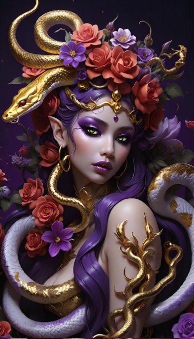 A fantasy digital portrait of a purple-haired elven woman adorned with gold snakes and red roses, featuring piercing green eyes and ornate gold jewelry.