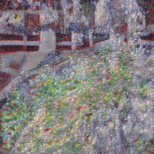 An impressionist painting depicts a bridge over a body of water with reflections of foliage.
