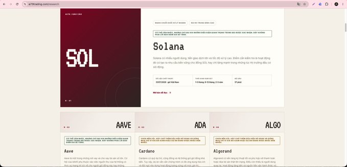 Website screenshot of 4719trading.com/research displaying crypto research pages for Solana (SOL), Aave (AAVE), Cardano (ADA), and Algorand (ALGO).
