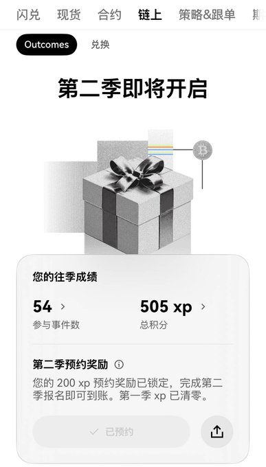 A mobile app screen in Chinese displaying 'Outcomes' section showing 'Season 2 is about to begin' (第二季即将开启) with a gift box image, and user stats showing 54 events participated and 505 xp total, with a reservation reward of 200 xp locked in for Season 2 signup.
